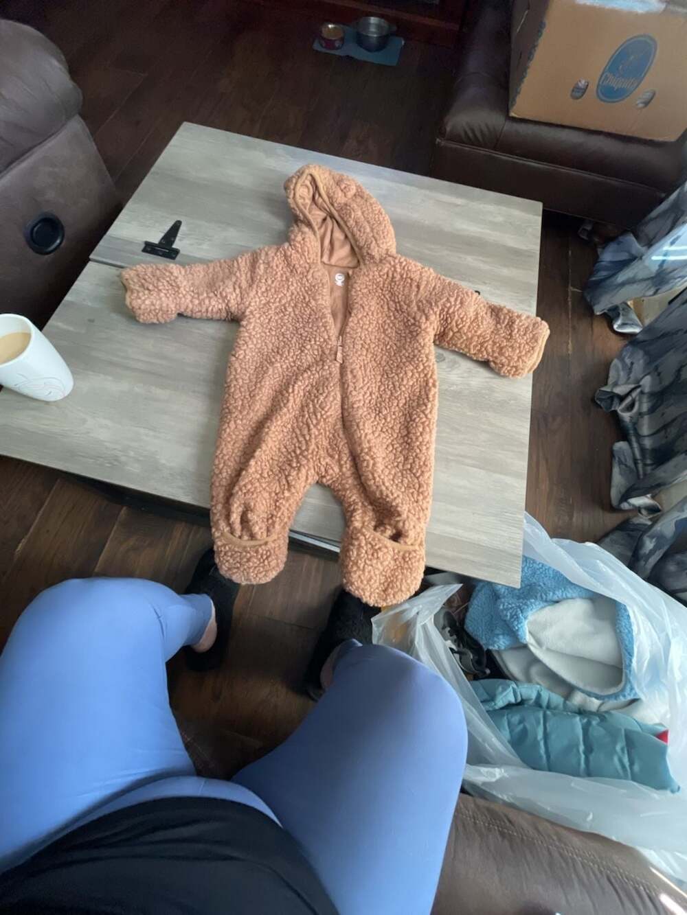 Wonder Nation Baby Teddy Fleece Pram Size 0-3M Brown Hooded